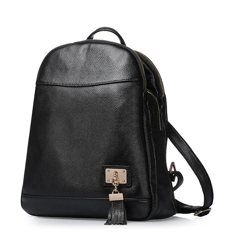 Trendy New Genuine Leather Lady Plain Backpack Fashion Simple Black Daypack Women Top Layer Cowhide Schoolbag Travel Bag