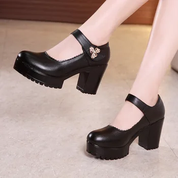 

Round head black 8cm high heel model cheongsam catwalk shoes female thick with thick platform waterproof platform with a shallow
