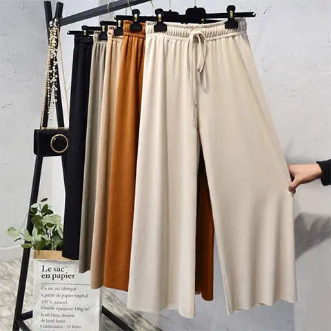 

Women High waist pleated chiffon wide leg pants Summer Loose Flared Elegant Trumpet Solid Color Elastic Casual Trousers Skirt