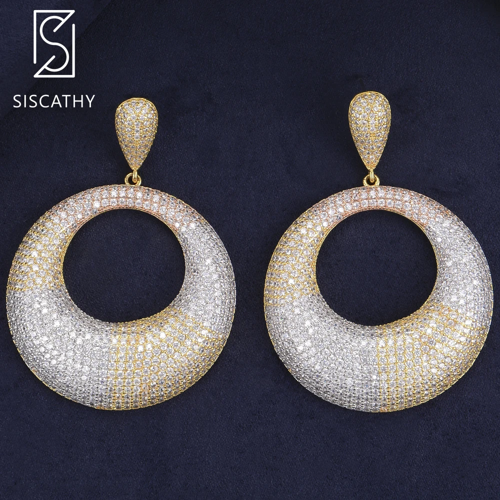 

SISCATHY Deluxe Geometric Round Shape Wedding Engagement Drop Dangle Earrings AAA Cubic Zirconia Paved For Women