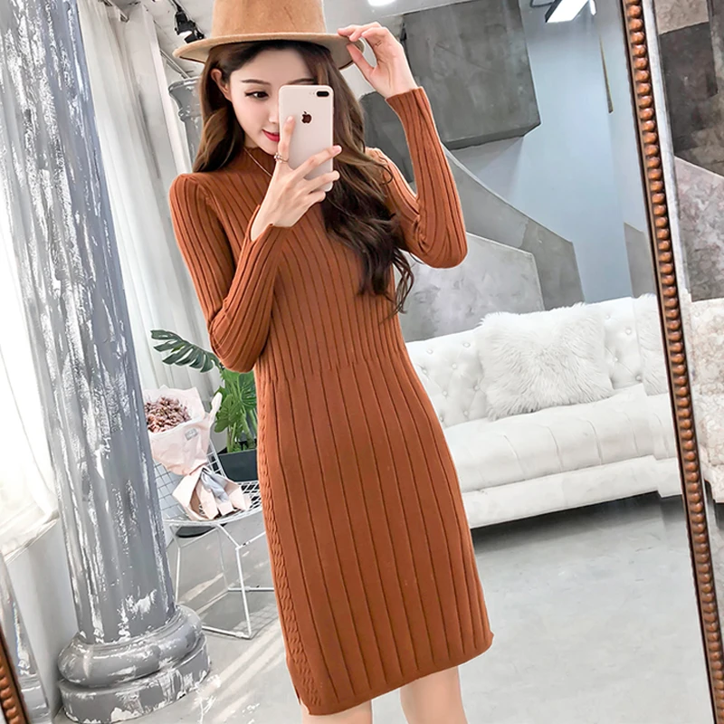 Autumn Winter Women Sweater Dress Stand Collar Split Sleeve Knee-length Knitted Dress Female Elastic Warm Vestidos Elegant