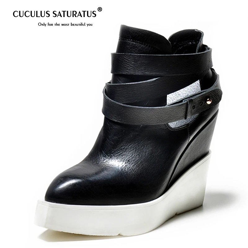

Cuculus Genuine leather wedges boots for women pointed toe platform ankle boots buckle autumn high heels shoes boots 1539