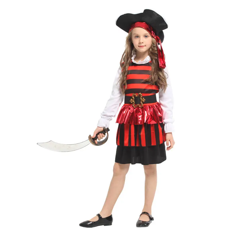 

Kids Child Cute Red Black Striped Pirate Buccaneer Costume for Girls Fancy Halloween Carnival Party Masquerade Mardi Gras Dress