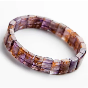 

Genuine Purple Gold Natural Cacoxenite Rutilated Quartz Crystal Stretch Rectangle Bead Bangle Bracelet
