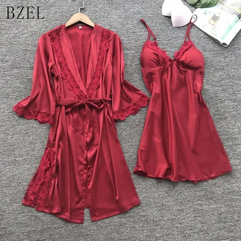 

BZEL Sexy Women's Robe & Gown Sets Twinest Bathrobe + Mini Night Dress Two Pieces Sleepwear Womens Sleep Set Faux Silk Lingerie