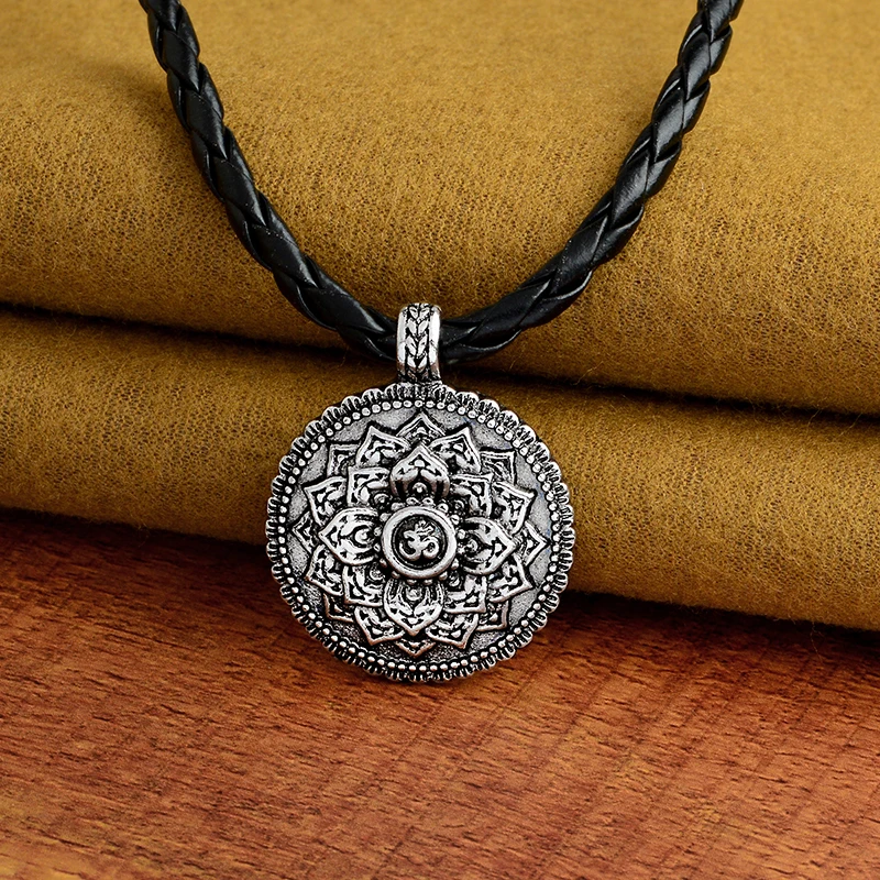 Этническое круглое серебряное ожерелье с цветком лотоса, винтажное геометрическое ожерелье в стиле йоги, ювелирное изделие, подарок для женщин