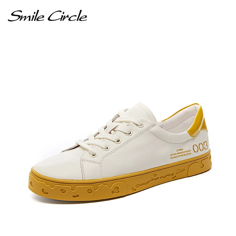 

Smile Circle White Flat Sneakers Women 2019 Spring Lace-up Genuine Leather Casual shoes fashion Soft bottom Ladies Sneakers