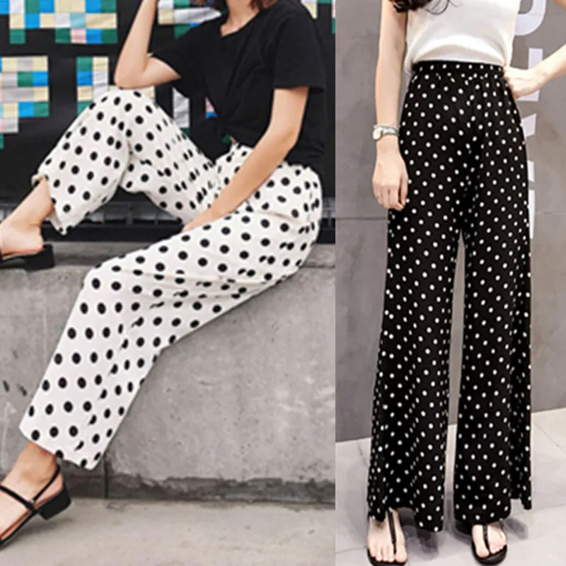 

2019 New Spring and Summer Wave Point Wide Leg Pants Female Nine Points Loose Pants High Waist Drape Chiffon Women's Pants