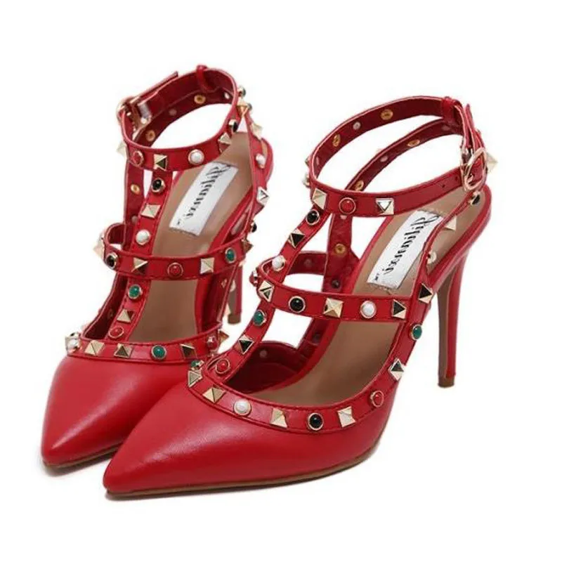 

New Shallow Retro Rivet with bead T-Strap Buckle Women Sandals Fashion High Heel 10cm Pointed Toe Cut-Outs Women Sexy Party Shoe