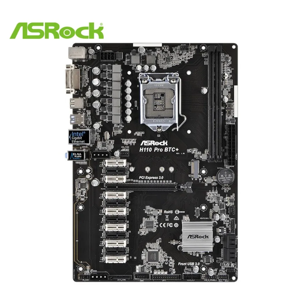 Материнская плата ASRock H110 PRO BTC+ 1151 2400MHZ 4 SATA3, 1 M.2(SATA3) DVI видеовыход поддерживает 13 видеокарт