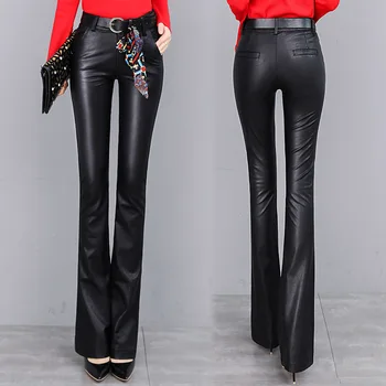 

ACRMRAC Women pants Slim Solid color Autumn And Winter Plus velvet Thicken Skinny PU Flare Pants Full Length casual pants Women