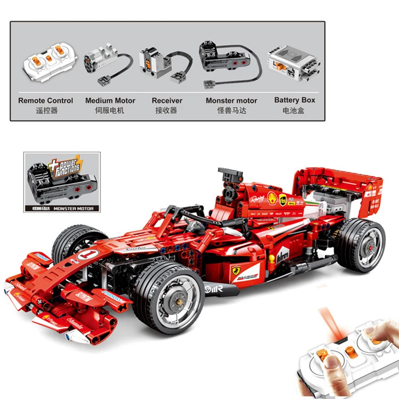 

585PCS Technic the Red F1 Formula RC Super Racing Car Model Building Blocks Motor Power City Champions Toys for Children