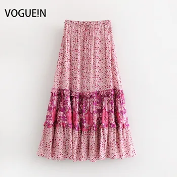 

VOGUEIN New Womens Casual Beach A-Line Elastic Waist Pink Floral Print Maxi Skirt Wholesale