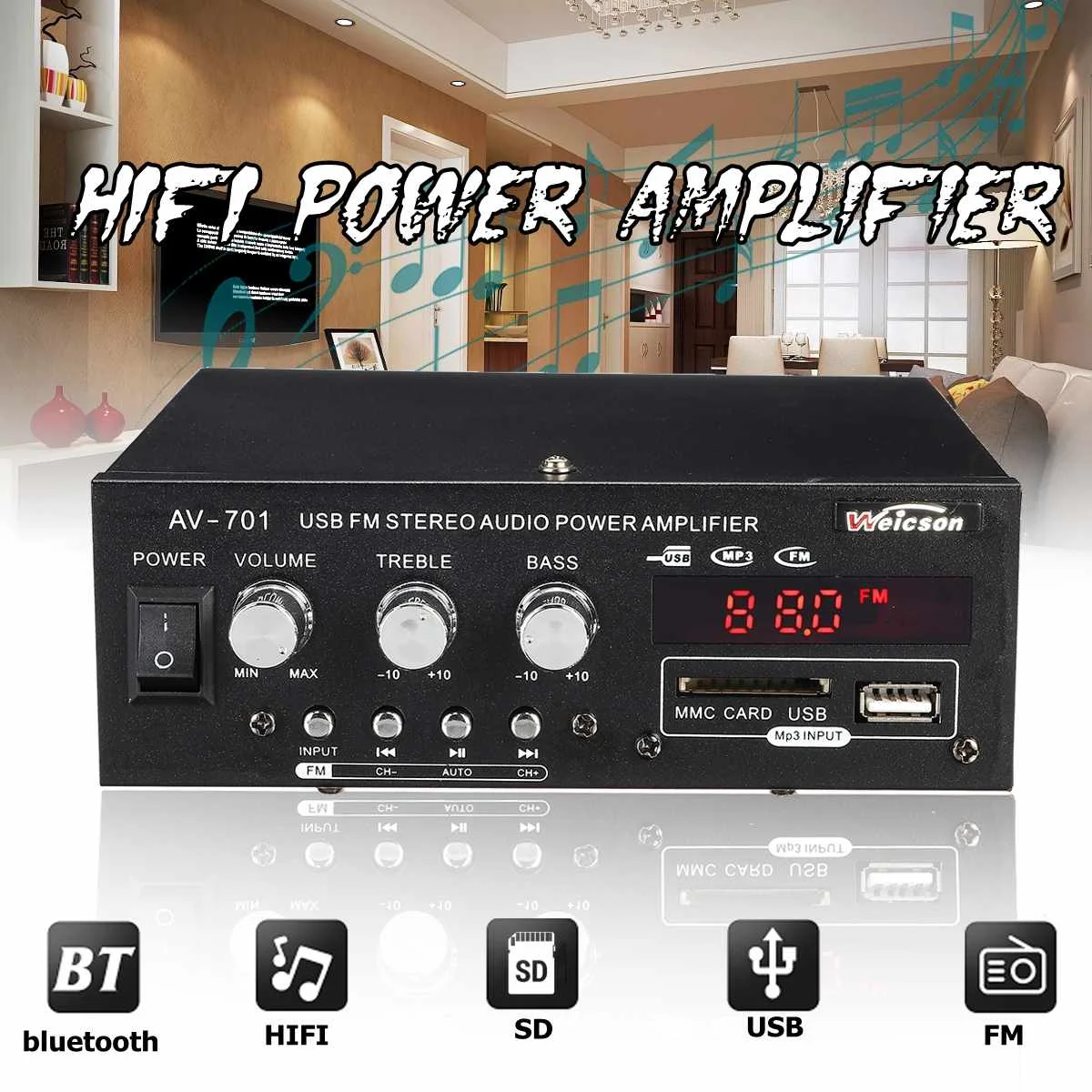 

750W Car bluetooth Stereo Audio Amplifier HIFI AMP USB SD FM MP3 Palyer 12V/220V