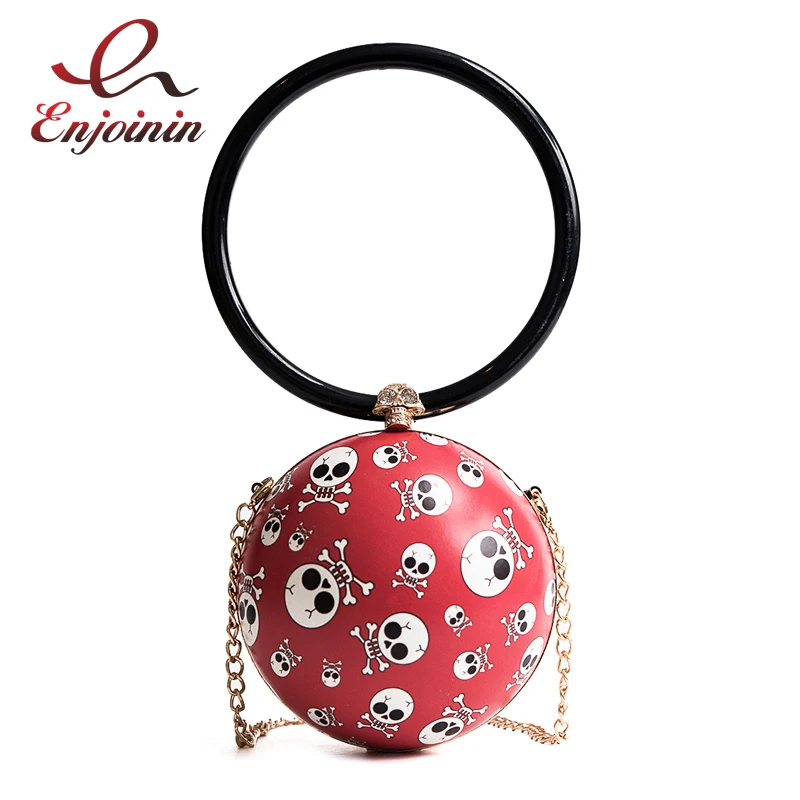 

Punk skull pattern black & red round pu fashion ladies handbag shoulder bag totes female chain purse crossbody messenger bag