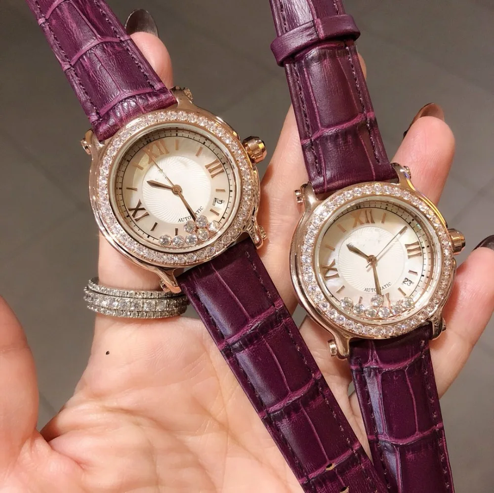 

Genuine Calf Leather moving zircon Stone CZdiamonds Quartz Wristwatch round mother shell pearl 36mm Dial watch clock for women