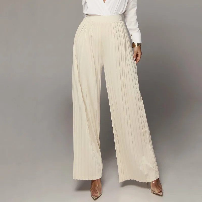 

2018 Fashion Women Summer Casual chiffon pleated Solid Color Wide Leg Pants Floor Pants For Ladies Summer Casual Pants