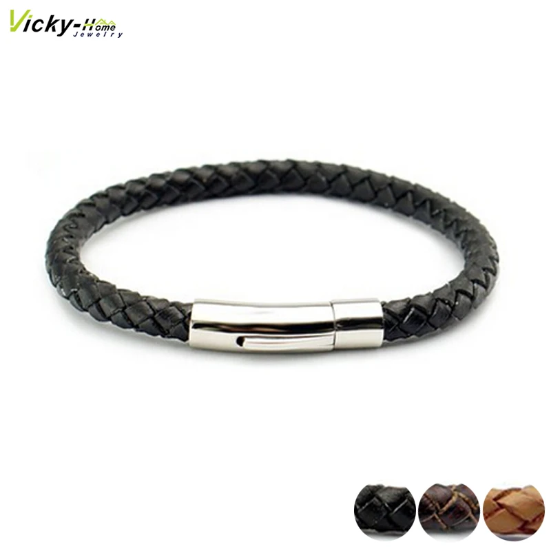 

Genuine Leather Mens Bracelet Bangle Braided Cord with Durable Stainless Steel Magnetic Clasp (Black, Dark Red or Orange Option)