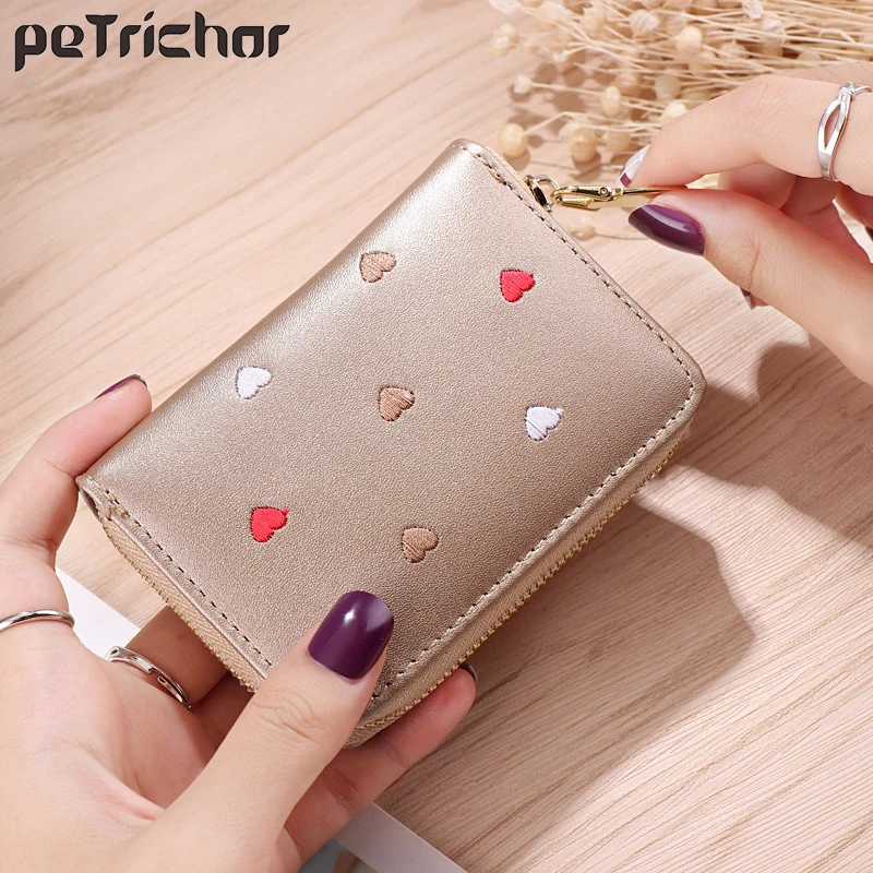 

Heart Embroider Women Card Wallet Small Zipper Concertine Fold Credit Card Holder Extendable ID Cards Bags Purse Ladies Female