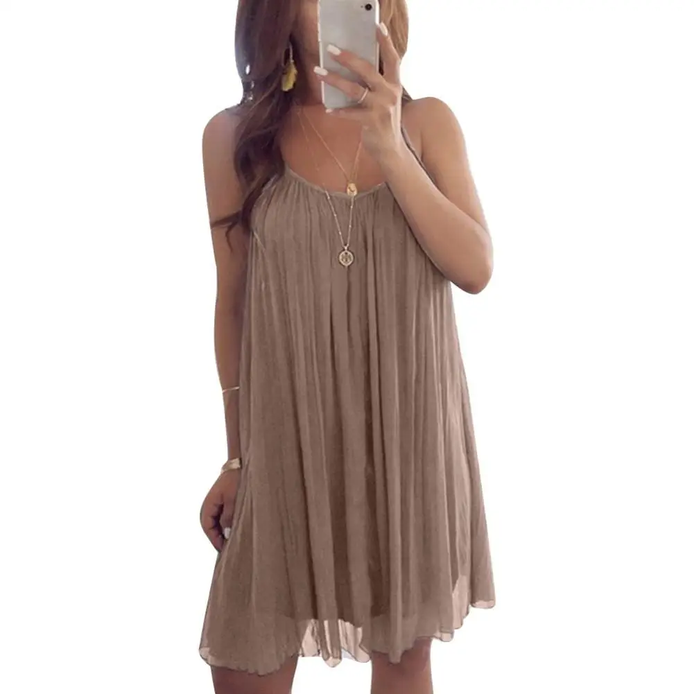 Sweet Pleated Strapless Mini Dress Women Solid Color Chiffon Spaghetti Strap Backless Slip Sexy Summer High Waist new | Женская одежда