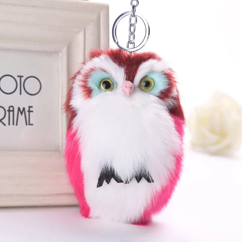

Lucky Pompom Owl Keychain pom pom key chain Rabbit Fur Ball pompon porte clef Fluffy Leather Key ring llaveros Gold key holder