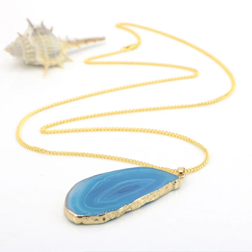 Natural blue agate pendant gold plated necklace (11)