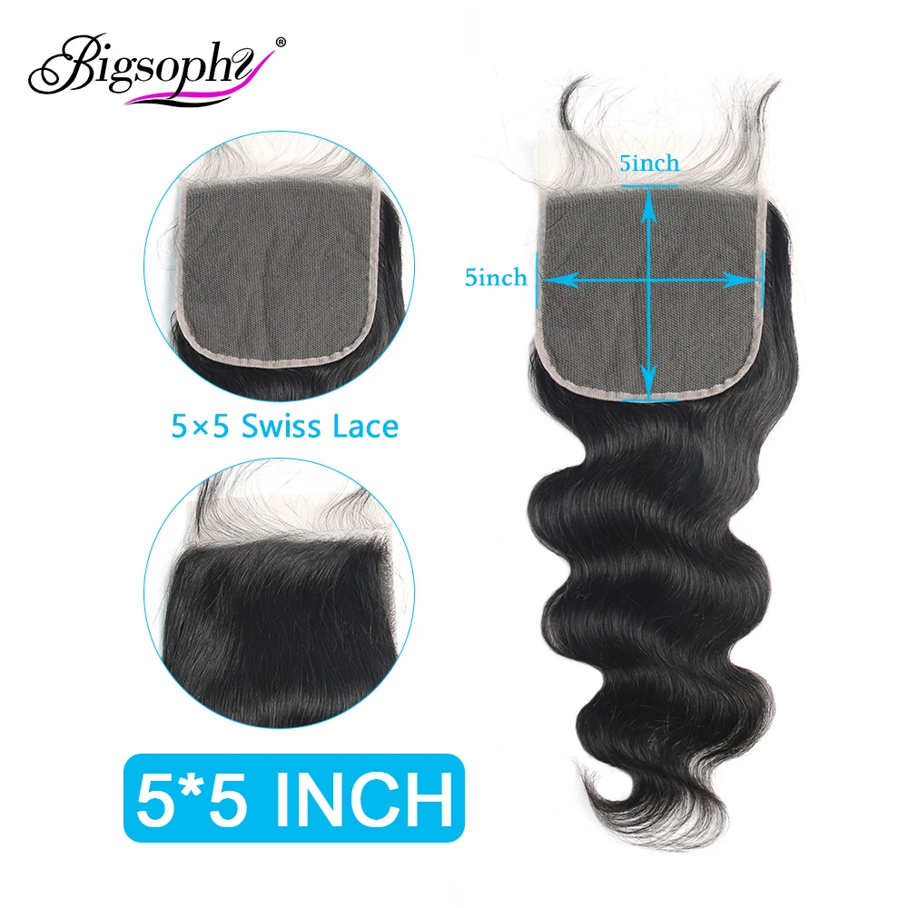 

Bigsophy Hair Body Wave 5x5 Lace Closure Mongolian Hair 100% Human Remy Hair Free Part With Baby Hair Natural Color Closure Lace