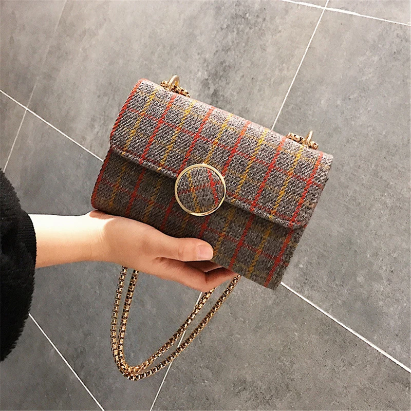 

Coofit Stylish Ladies Flap Cover Bag Mini Messenger Bags Plaid Chains Woolen Small Shoulder Bag Vintage Crossbody Bags For Lady