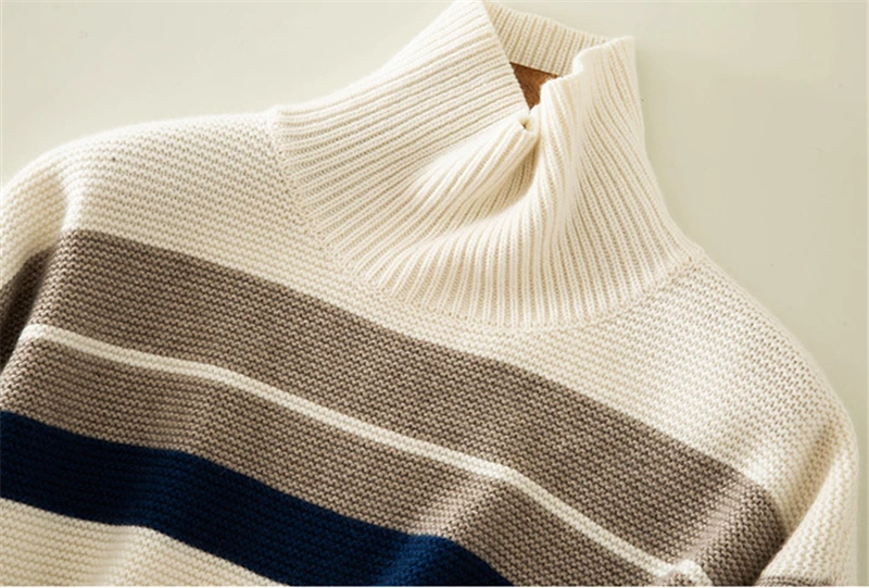  100% goat cashmere striped knit women fashion half high collar pullover sweater M/L