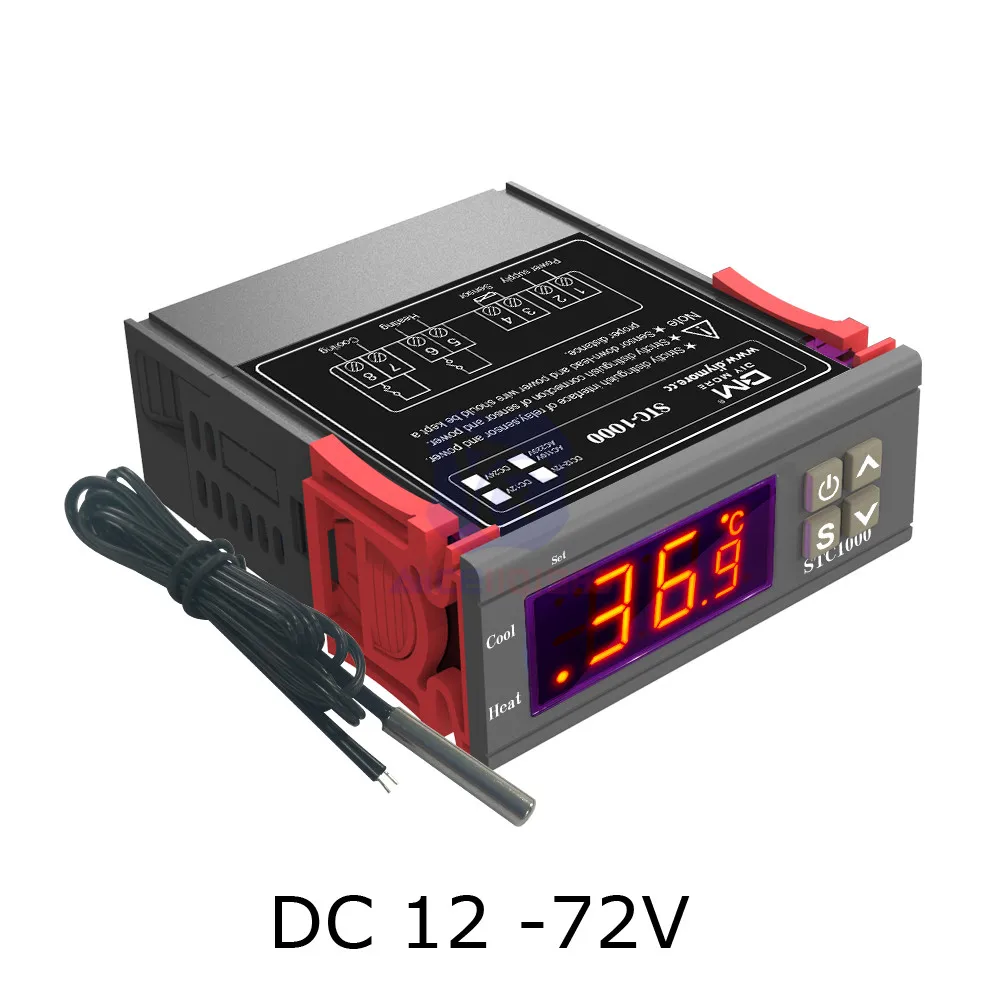 STC-1000, 110-220 В, 12 В, 24 В, 12-72 в, 10 А светодиодный цифровой трубчатый регулятор температуры, термостат, термометр с датчиком NTC 10K - Цвет: DC 12 -72V