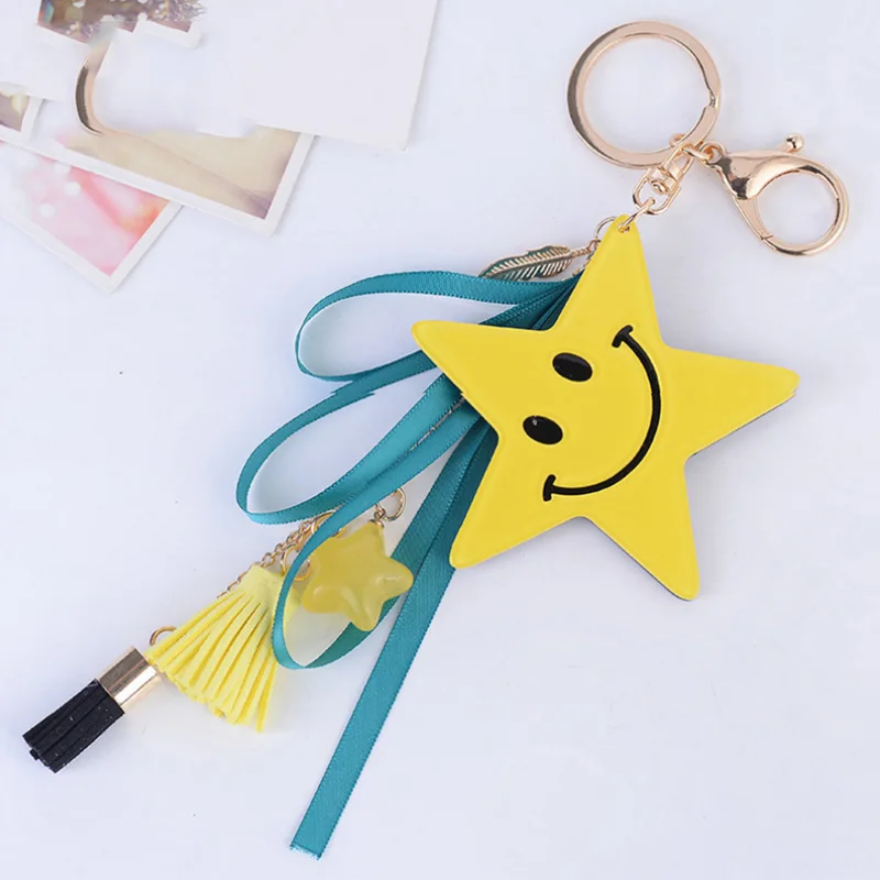 

3 Color Smiling Face Star Keychain Leather Tassel Key Chain Key Ring Ribbon Belt Women Bag Charm Pendant Keyholder Trinket Gifts