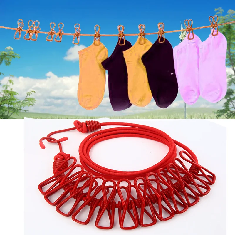 Durable Wild Travel Portable Windproof Elastic Clothesline Clips Hanger