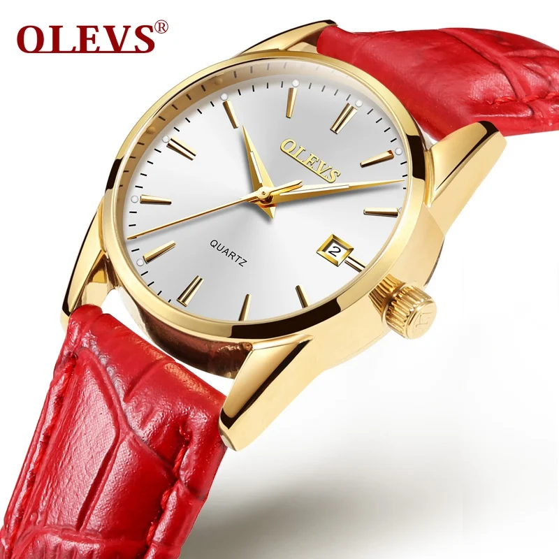OLEVS Роскошные модные женские часы для мужчин повседневные женские часы Лидирующий бренд кварцевые часы кожа relogio saat водонепроницаемый пара часов - Цвет: Lady red