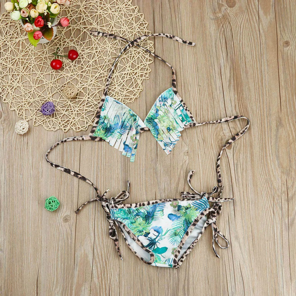 Baby Girl Swimwear Girls Clothes Baby Girl Tassel Swimsuit Beach Fahion Leopard Printed Sling Top Swimwears+Shorts Set J25#5