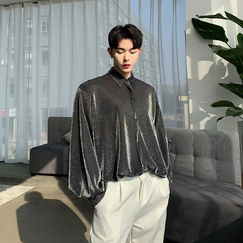 

fashionable men stage performance black Lurex shirts male singer baggy long sleeve night club shirts Palace gothic camisa hombre