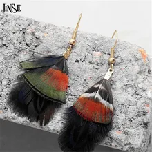JINSE Vintage Colorful Feather Pendant Drop Earrings Zinc Alloy Gold Hook Dangle Earring Jewelry for Party Gift JHX032