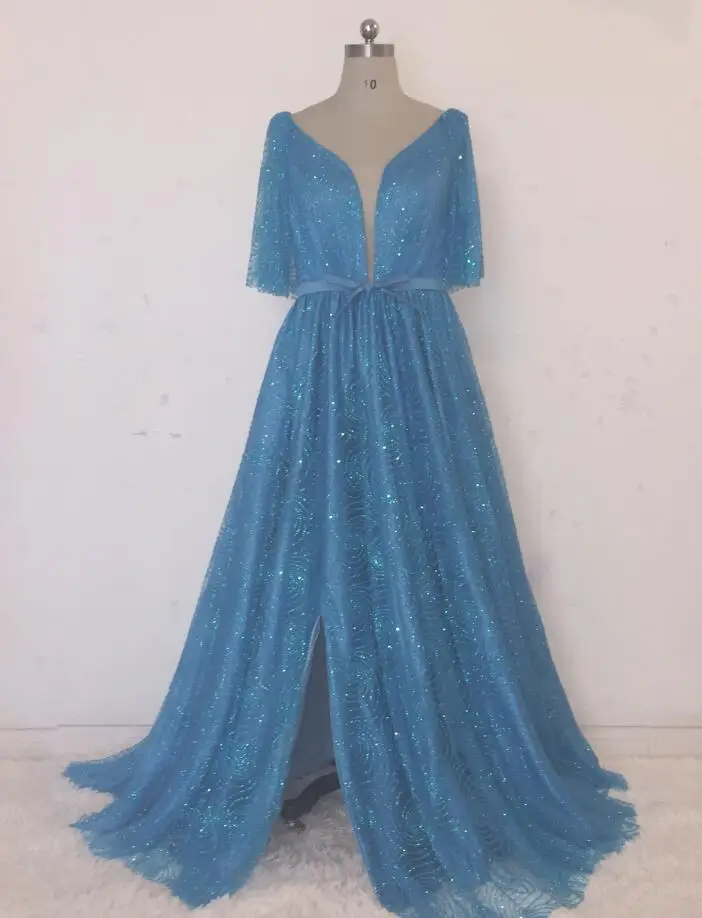 Dreamy Свадебные Элегантные Синие вечерние платья с блестящими камнями халат De Soiree половинные рукава сексуальные разрезы торжественные платья под заказ сделано - Цвет: picture color