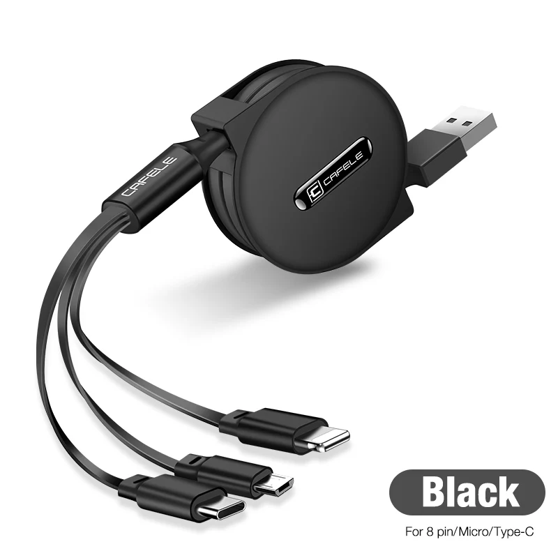 CAFELE 3 в 1 Выдвижной USB кабель Micro type C 8 Pin USB кабель для iPhone samsung huawei xiaomi Синхронизация данных USB кабель макс 110 см - Цвет: Black