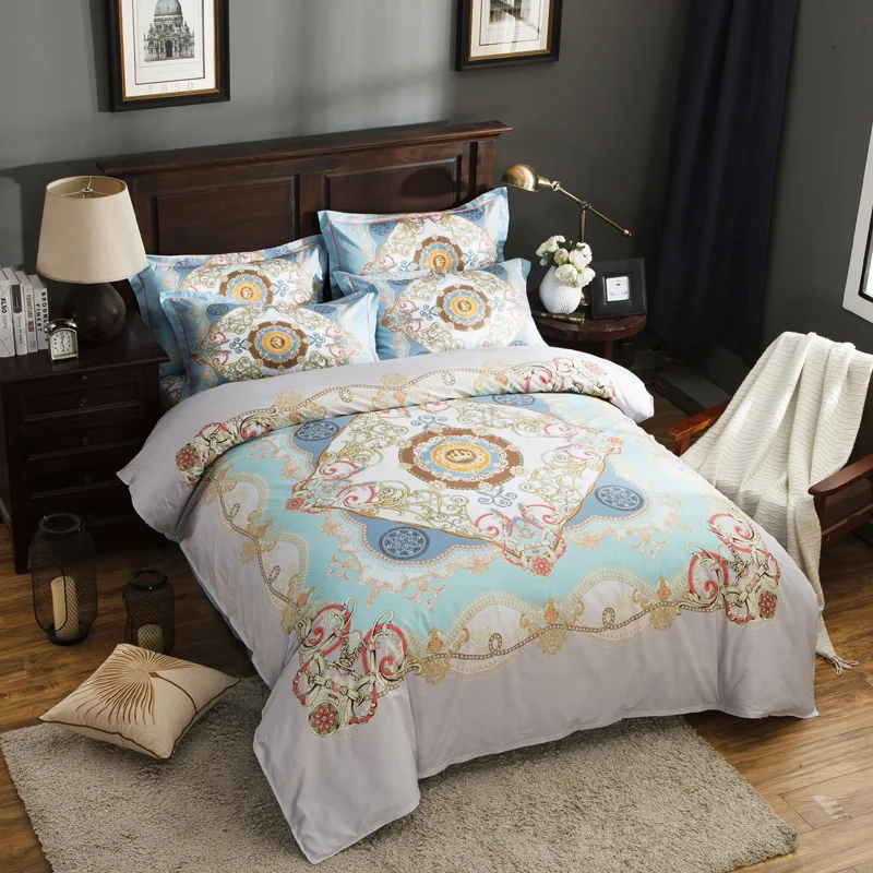 

100% Cotton fabric Palace pattern print luxurious bedding set Queen King Size duvet cover flatsheet pillowcase bedlinens