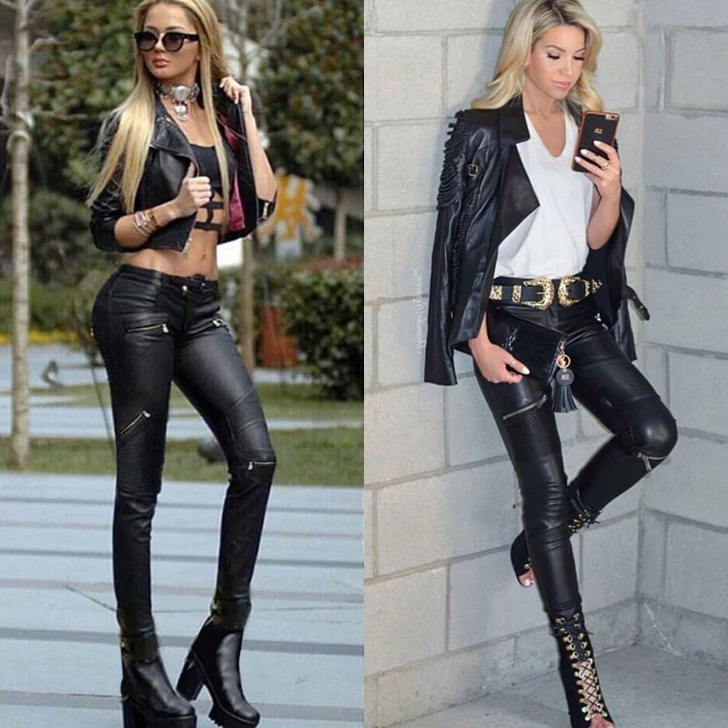 Stretch Faux Pu Leather Pants Women Skin Tight Motorcycle Gothic Punk Rock  Pencil Trousers Zipper Moto Biker Leggings Black XS