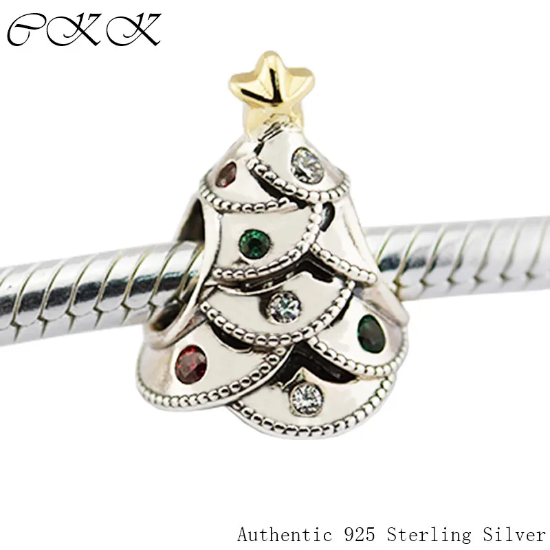 

Authentic 925 Sterling Silver Festive Tree Beads With Multi-Colored CZ & 14K Real Gold Fit Bracelets DIY Fine Jewelry YL482K