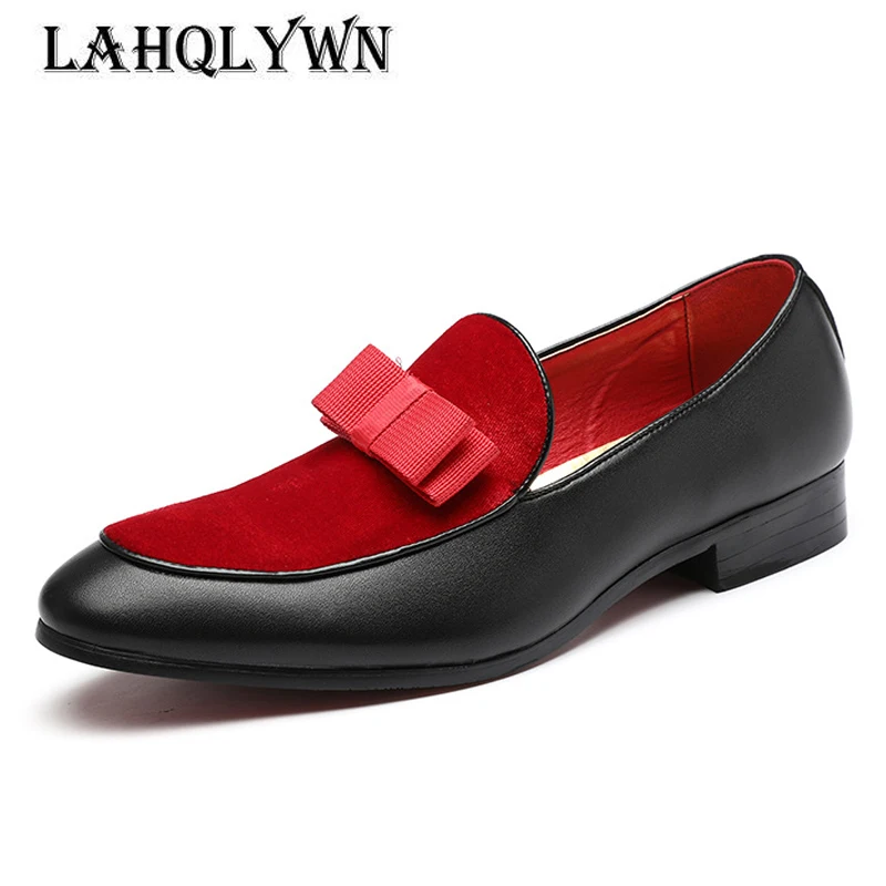 Gentlemen Bowknot Wedding Dress Male Flats Casual Slip on Shoes Black Patent Leather Red Suede Loafers Men Formal Shoes H274