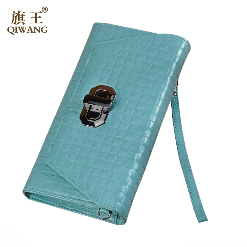 

QIWANG Woven Pattern Wallet Purse for Women Genuine Leather Colorful Lock Long Wallet Women Leather Card Holder