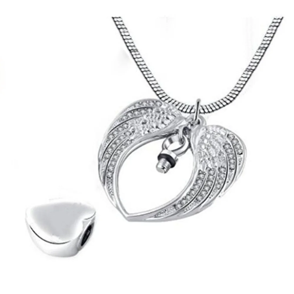 Crystal Charm Angel Wing Hold Heart Cremation Urn Necklace -Engraving Mom/Dad/Son Keepsake Memorial Jewelry for ashes