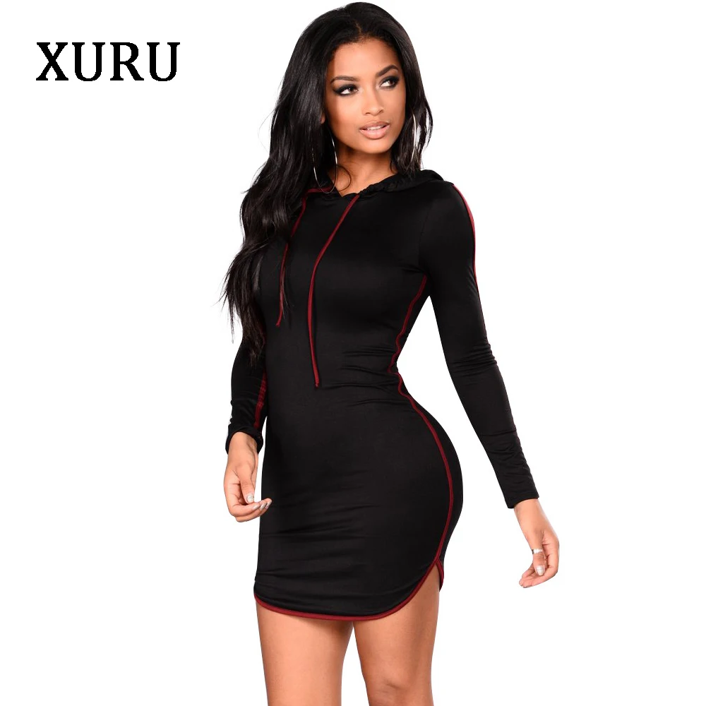 

XURU Women Long Sleeve Black Dress Hoodies Lace Up Short Wrap Mini Dresses Women Split Asymmetrical Short Dress