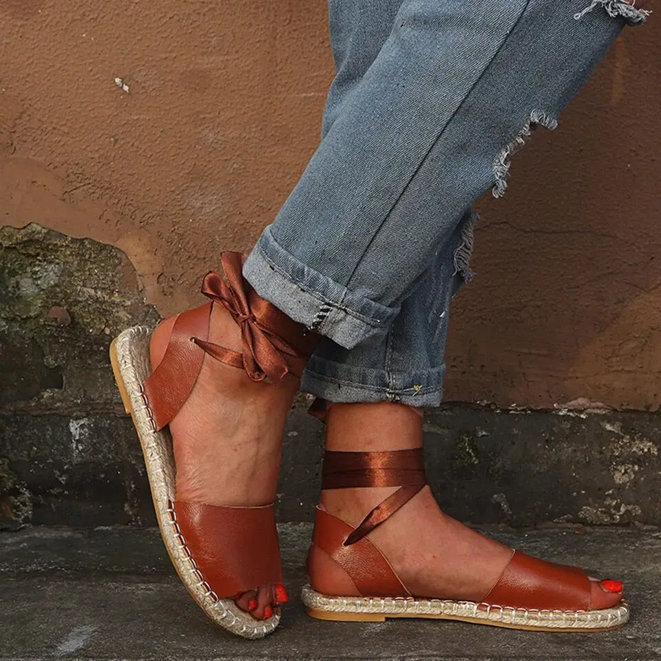 

2019 women flat sandals open toe summer fisherman large size 35-43 lace-up black dark brown casual flat with woman shoes