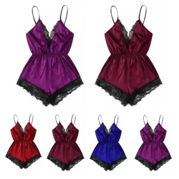 

New Women Sexy V-neck Satin Silk Lace Loose Pajama Solid Night Nightgown Sleepwear Plus Size