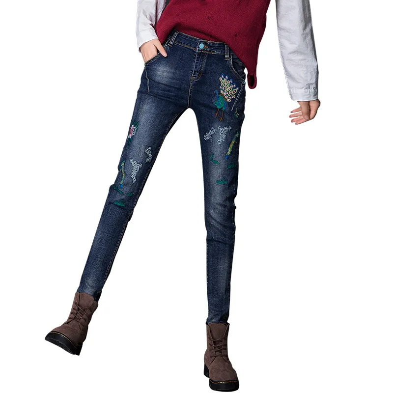 New Spring Autumn Floral Phoenix Embroidered Jeans Female Slim High