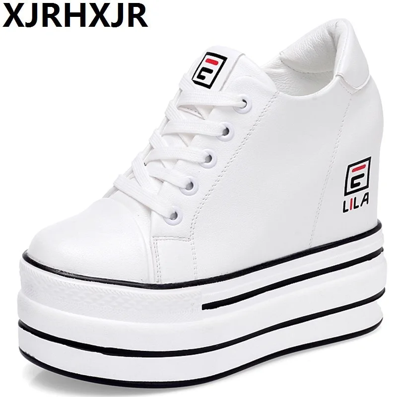 

XJRHXJR 2019 New Lady 11CM High Heels Fashion Canvas Casual Wedge Shoes Woman Height Increase Platform Casual Shoes Sneakers