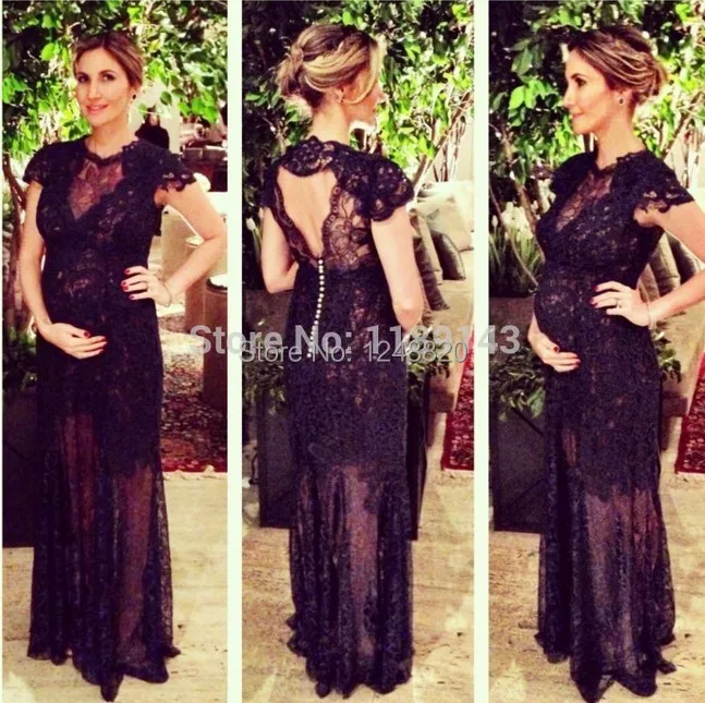 Amazing celebrity gown floor length black applique cap sleeve backless long sheer sexy custom made lace pregnant evening dresses | Свадьбы и